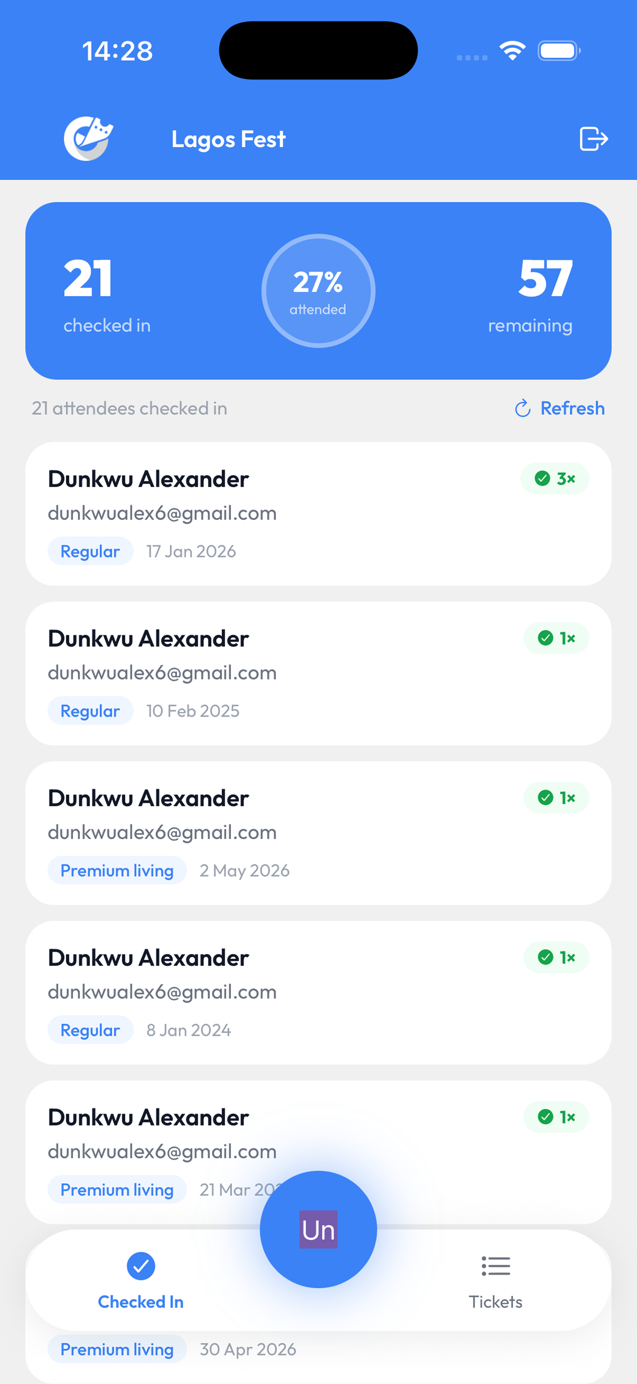 Checked-in tab showing 21 checked in, 57 remaining and 27 percent attended
