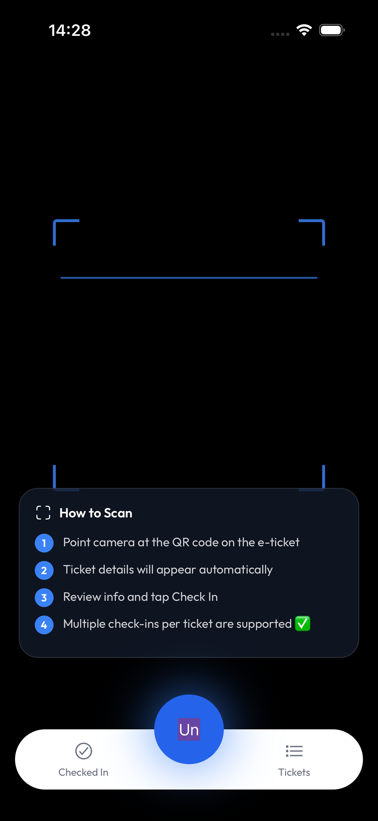 The Check-in app scanning a guest's QR ticket