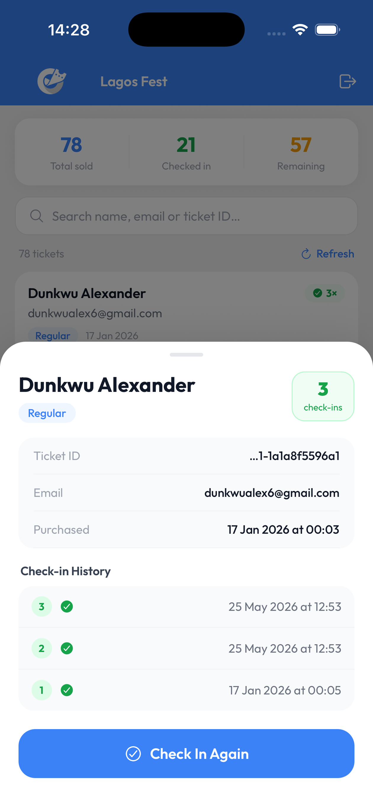 Ticket detail sheet showing check-in history and the Check In Again button