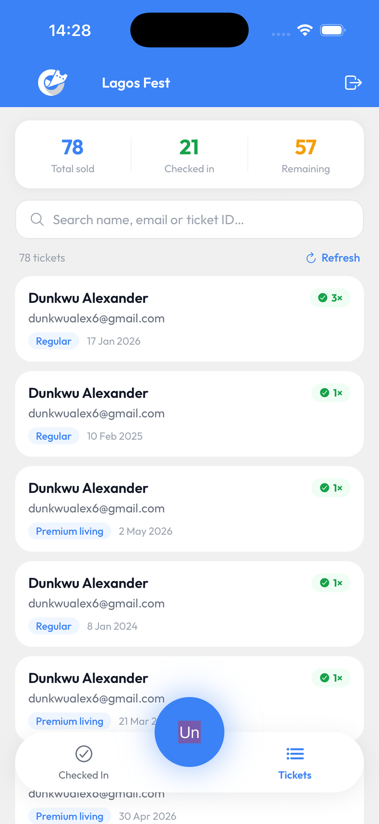 Ticket list with search, showing sold, checked in and remaining counts